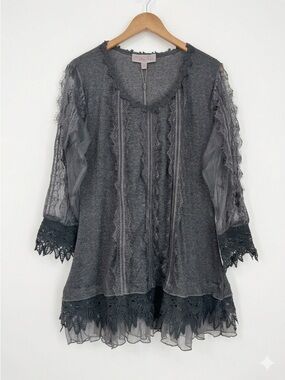 NWT Pretty Angel Charcoal Grey Lace-Trim Linen Blend Tunic Boho Whimsigoth Sz XL